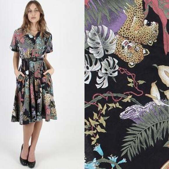Vintage Dresses & Skirts - Vintage 80s Black Safari Tropical Jungle Floral Full Skirt Midi Dress L 12 2558
